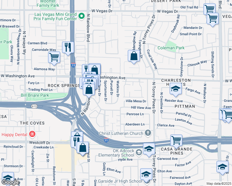 map of restaurants, bars, coffee shops, grocery stores, and more near 608 Watkins Drive in Las Vegas