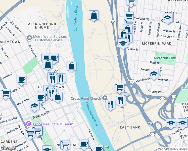 map of restaurants, bars, coffee shops, grocery stores, and more near 2135 Waterside Drive in Nashville