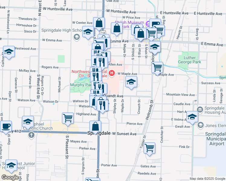 map of restaurants, bars, coffee shops, grocery stores, and more near 609 West Maple Avenue in Springdale