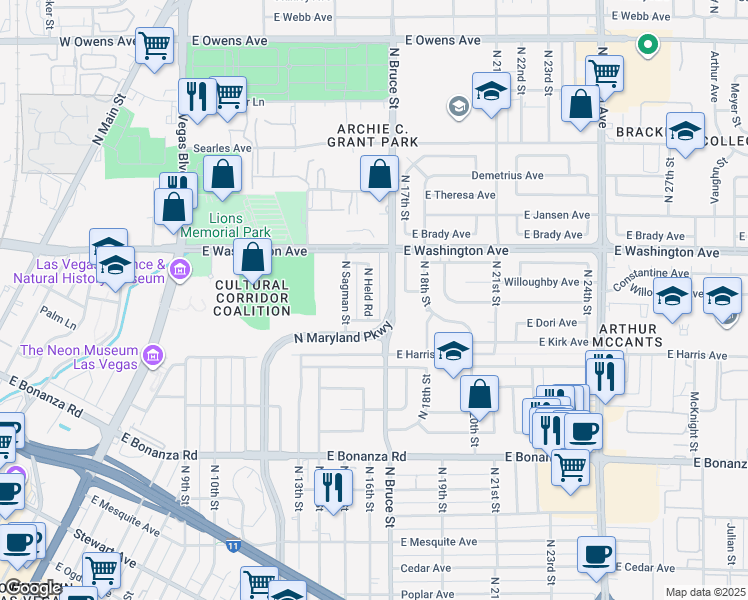 map of restaurants, bars, coffee shops, grocery stores, and more near 832 North Held Road in Las Vegas