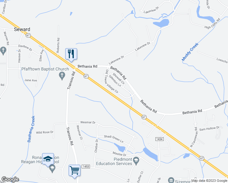 map of restaurants, bars, coffee shops, grocery stores, and more near 4892 Old Towne Village Circle in Pfafftown