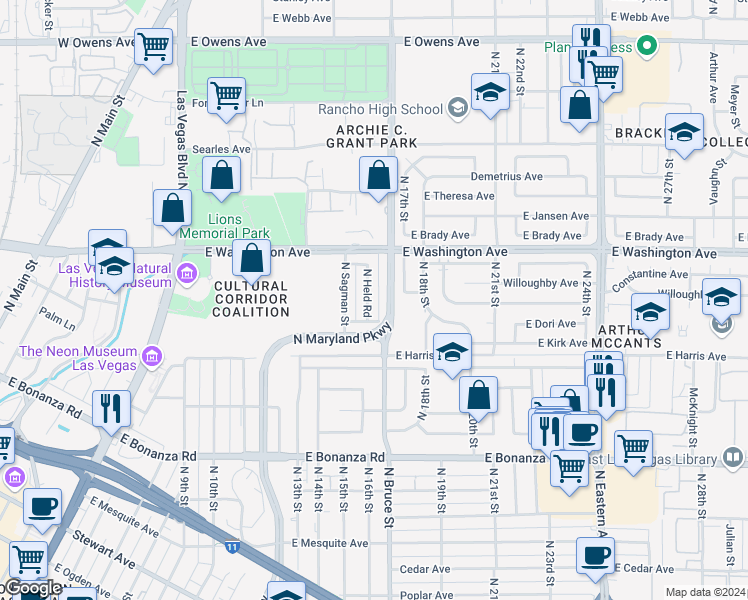 map of restaurants, bars, coffee shops, grocery stores, and more near 832 North Held Road in Las Vegas