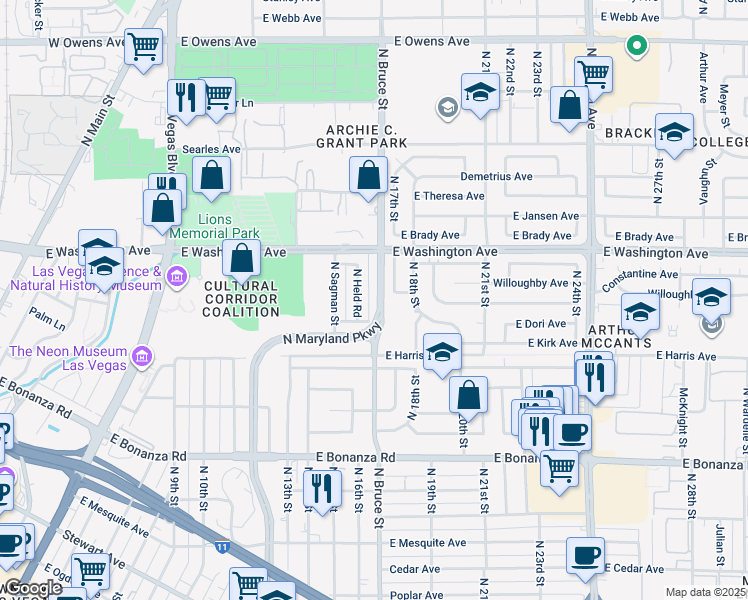 map of restaurants, bars, coffee shops, grocery stores, and more near 833 North Bruce Street in Las Vegas