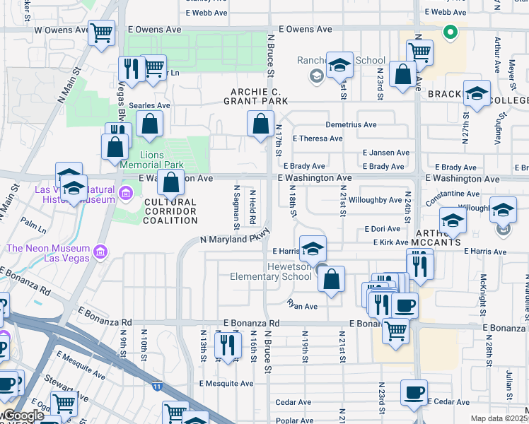 map of restaurants, bars, coffee shops, grocery stores, and more near 833 North Bruce Street in Las Vegas