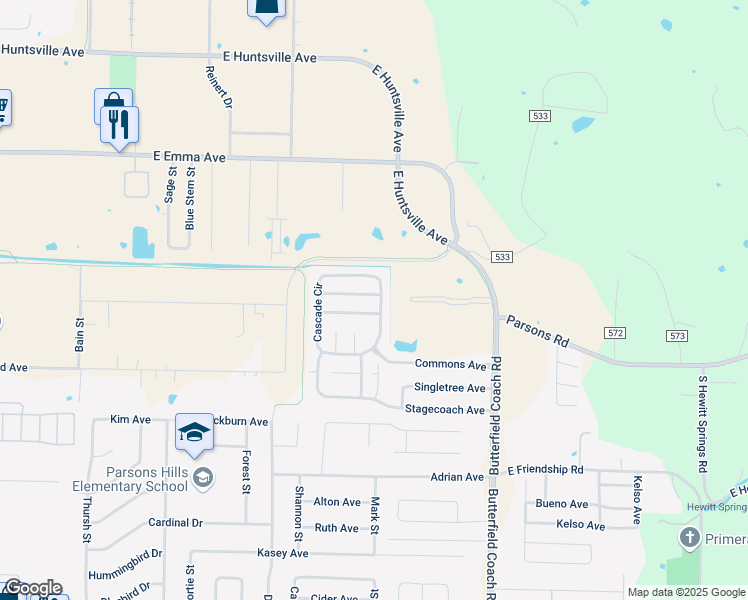 map of restaurants, bars, coffee shops, grocery stores, and more near 710 Cascade Circle in Springdale