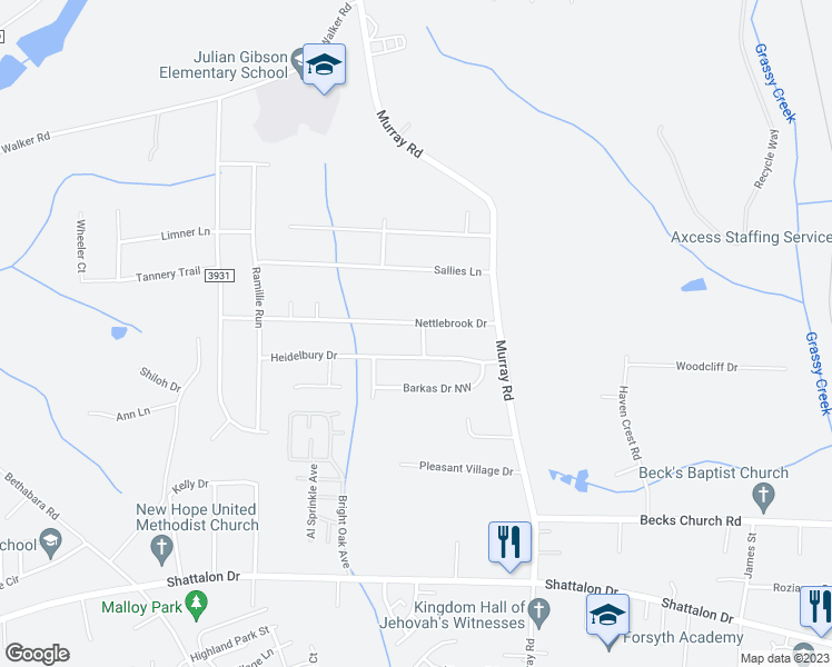 map of restaurants, bars, coffee shops, grocery stores, and more near 2160 Nettlebrook Drive in Winston-Salem