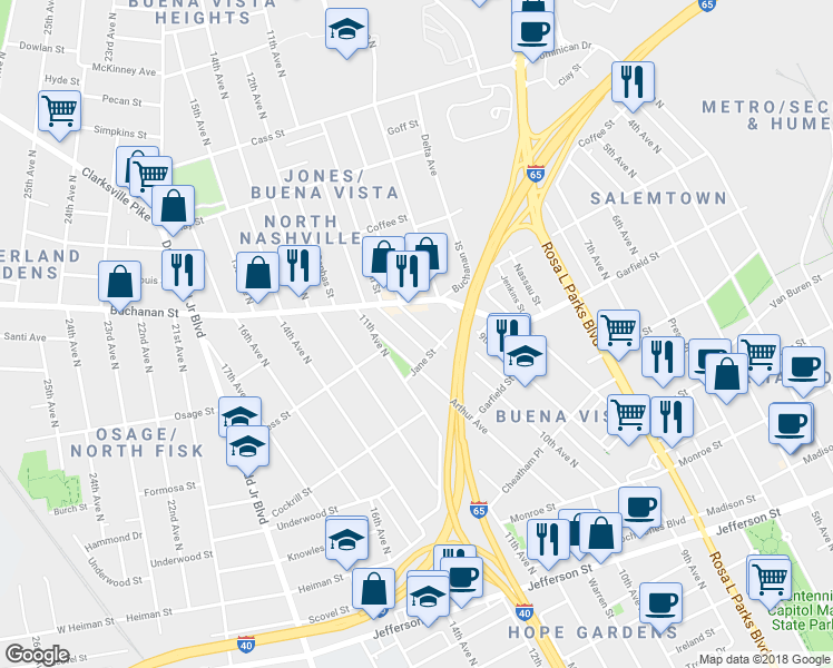 map of restaurants, bars, coffee shops, grocery stores, and more near 1711 10th Avenue North in Nashville