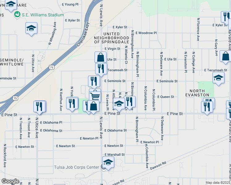map of restaurants, bars, coffee shops, grocery stores, and more near 1711 North Atlanta Avenue in Tulsa