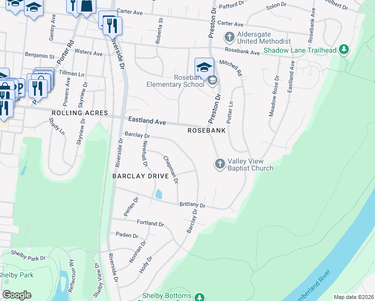 map of restaurants, bars, coffee shops, grocery stores, and more near 2505 Barclay Drive in Nashville