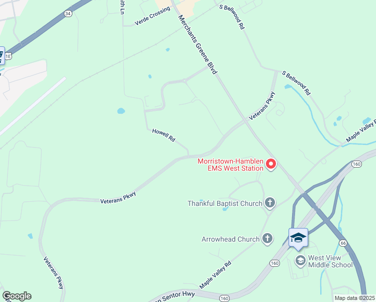 map of restaurants, bars, coffee shops, grocery stores, and more near 1150 Howell Road in Morristown