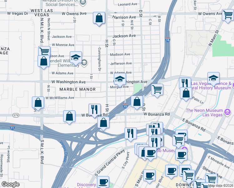 map of restaurants, bars, coffee shops, grocery stores, and more near 810 G Street in Las Vegas