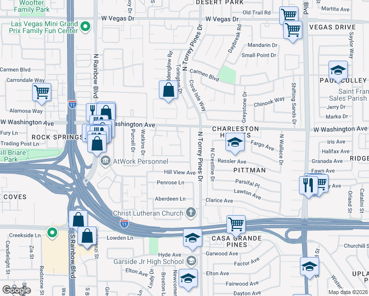 map of restaurants, bars, coffee shops, grocery stores, and more near 705 Raintree Lane in Las Vegas