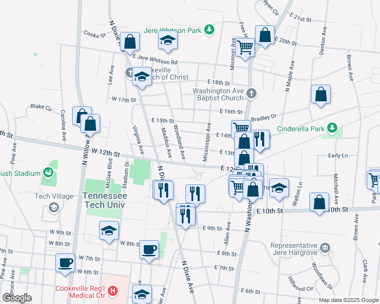 map of restaurants, bars, coffee shops, grocery stores, and more near 256 East 13th Street in Cookeville
