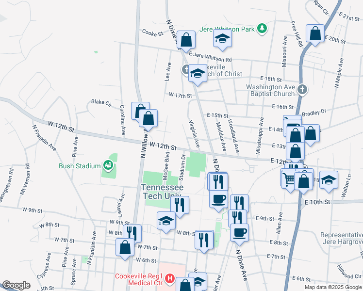 map of restaurants, bars, coffee shops, grocery stores, and more near 1300 Byrne Avenue in Cookeville