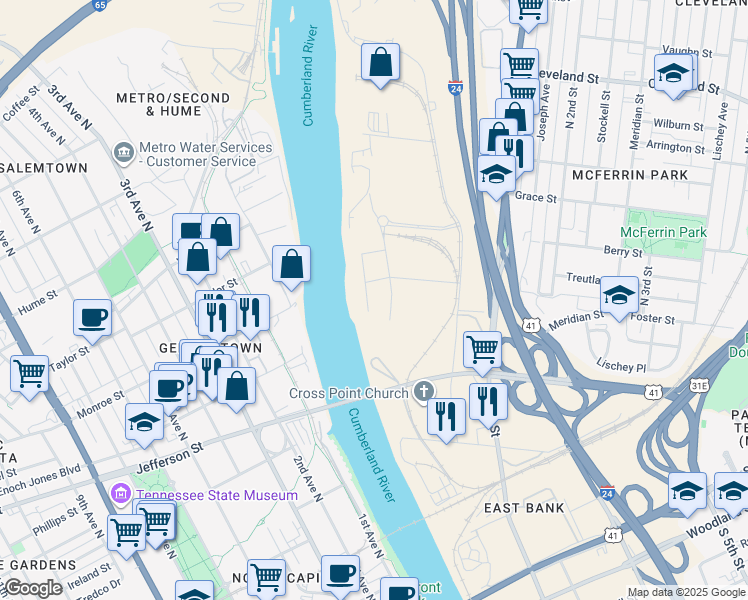 map of restaurants, bars, coffee shops, grocery stores, and more near 1468-1498 Cowan Court in Nashville