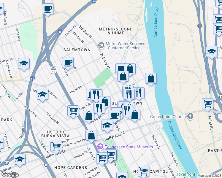 map of restaurants, bars, coffee shops, grocery stores, and more near 1401 3rd Avenue North in Nashville