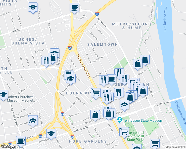 map of restaurants, bars, coffee shops, grocery stores, and more near 1607 7th Avenue North in Nashville