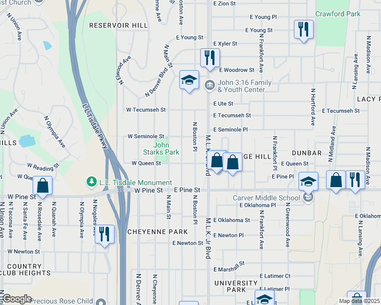 map of restaurants, bars, coffee shops, grocery stores, and more near 1635 North Boston Avenue in Tulsa