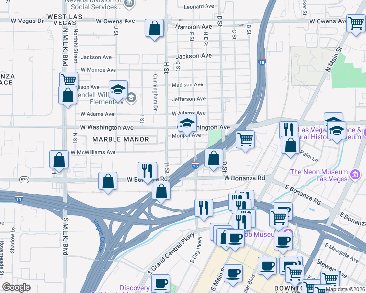 map of restaurants, bars, coffee shops, grocery stores, and more near 810 G Street in Las Vegas