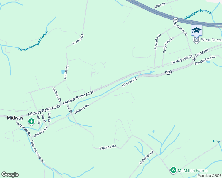 map of restaurants, bars, coffee shops, grocery stores, and more near 351 Midway Railroad Street in Midway