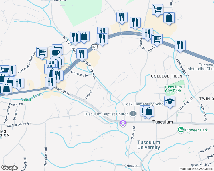 map of restaurants, bars, coffee shops, grocery stores, and more near 299 S Rufe Taylor Rd in Greeneville