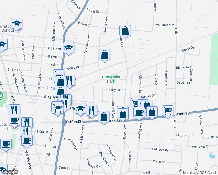 map of restaurants, bars, coffee shops, grocery stores, and more near 213 Monticello Drive in Cookeville