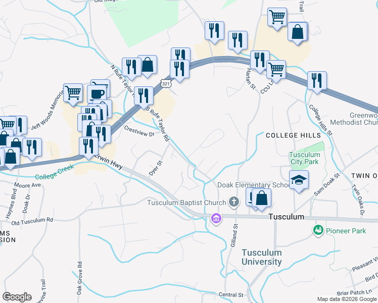 map of restaurants, bars, coffee shops, grocery stores, and more near 299 South Rufe Taylor Road in Greeneville