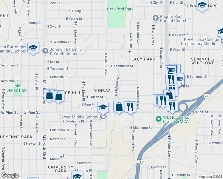 map of restaurants, bars, coffee shops, grocery stores, and more near 1670 North Midland Avenue in Tulsa