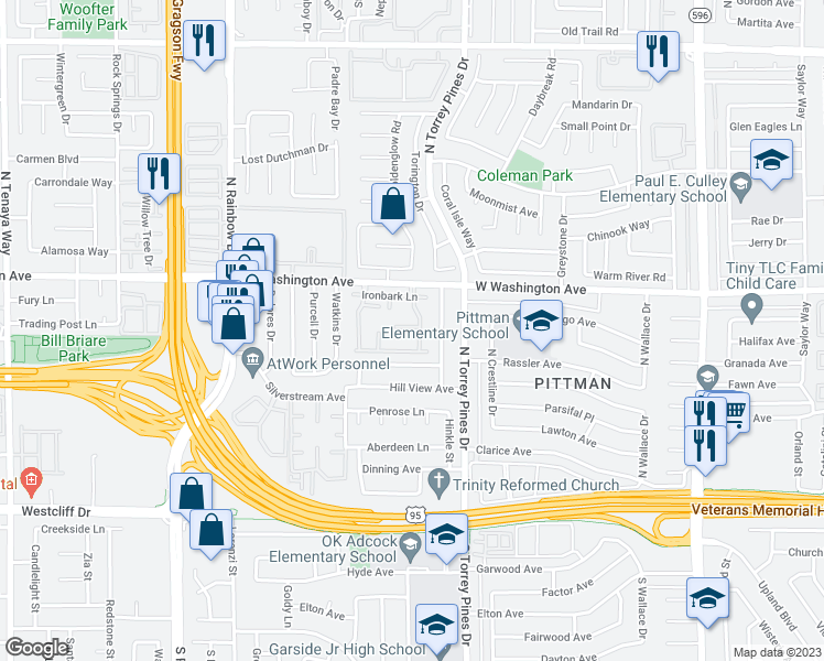 map of restaurants, bars, coffee shops, grocery stores, and more near 705 Raintree Lane in Las Vegas