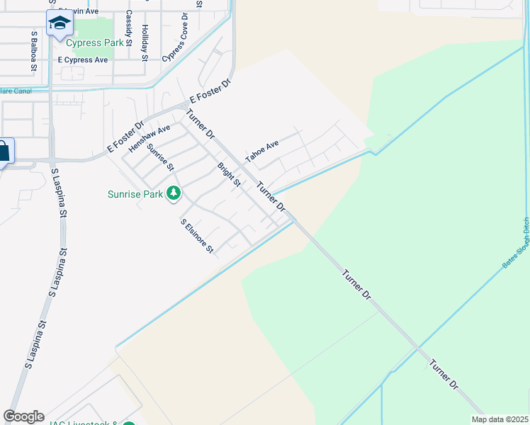 map of restaurants, bars, coffee shops, grocery stores, and more near 3074 Bright Street in Tulare