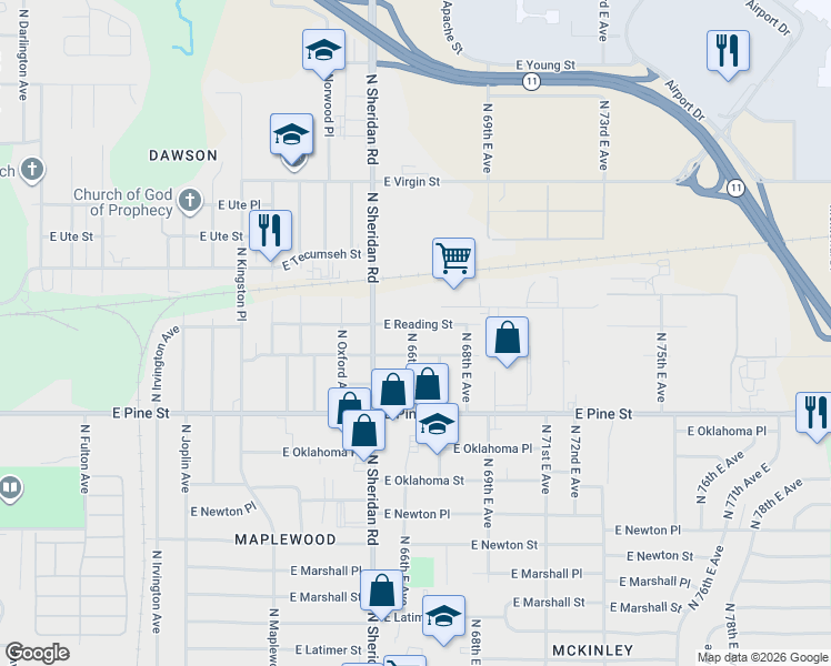 map of restaurants, bars, coffee shops, grocery stores, and more near 6611 East Reading Street in Tulsa
