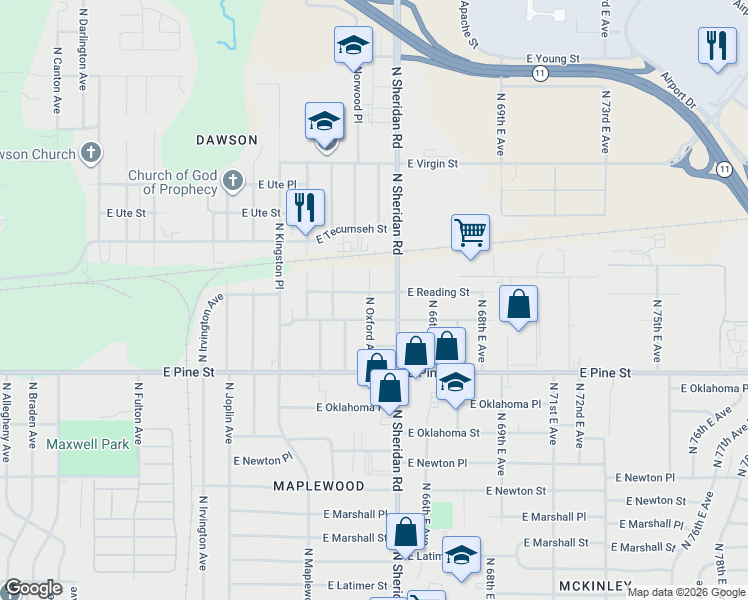 map of restaurants, bars, coffee shops, grocery stores, and more near 1701 North Oxford Avenue in Tulsa