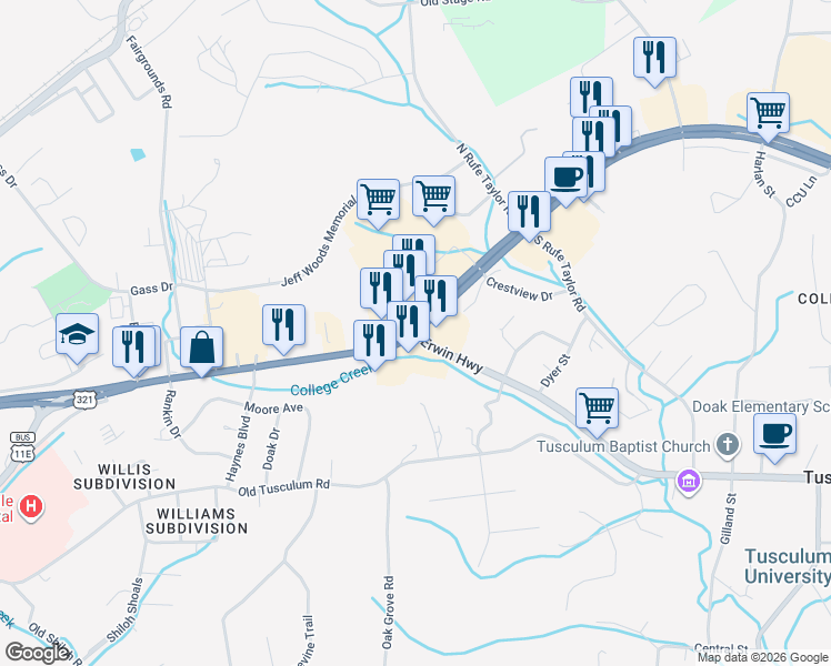 map of restaurants, bars, coffee shops, grocery stores, and more near 2 Erwin Highway in Greeneville