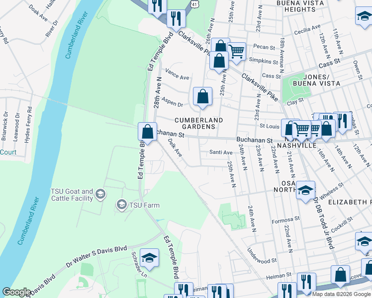 map of restaurants, bars, coffee shops, grocery stores, and more near 1724 Buchanan Court in Nashville