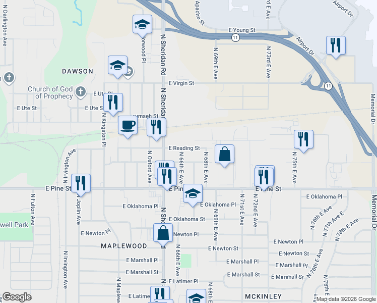 map of restaurants, bars, coffee shops, grocery stores, and more near 6611 East Reading Street in Tulsa