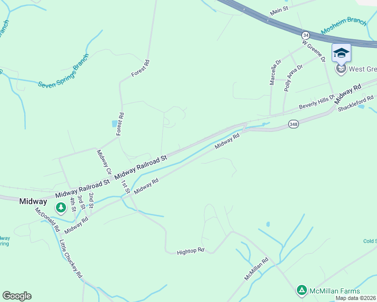 map of restaurants, bars, coffee shops, grocery stores, and more near 351 Midway Railroad Street in Midway