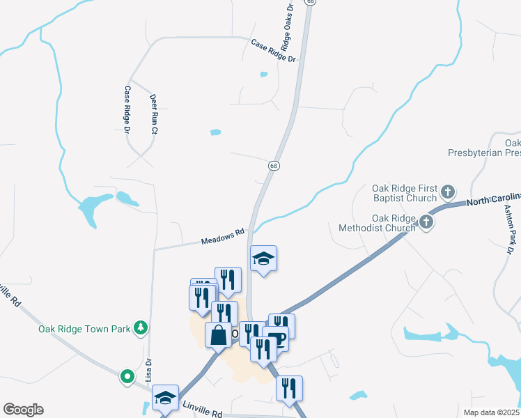 map of restaurants, bars, coffee shops, grocery stores, and more near 1806 North Carolina 68 in Oak Ridge