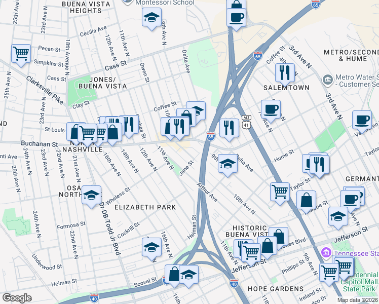 map of restaurants, bars, coffee shops, grocery stores, and more near 1712 10th Avenue North in Nashville