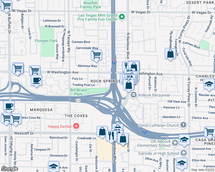 map of restaurants, bars, coffee shops, grocery stores, and more near 733 Rock Springs Drive in Las Vegas