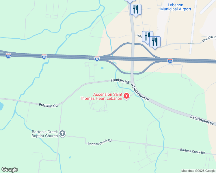 map of restaurants, bars, coffee shops, grocery stores, and more near 1659 Franklin Road in Lebanon