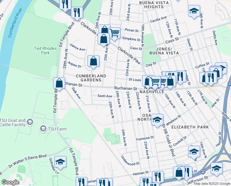 map of restaurants, bars, coffee shops, grocery stores, and more near 1745 24th Avenue North in Nashville