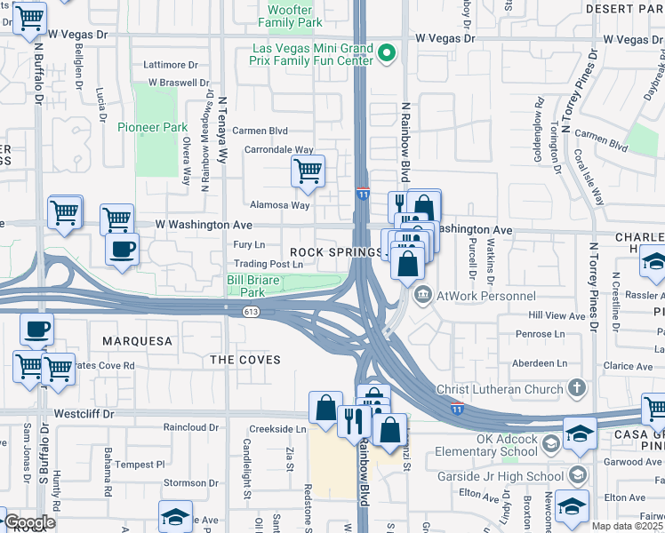 map of restaurants, bars, coffee shops, grocery stores, and more near 701 Rock Springs Drive in Las Vegas