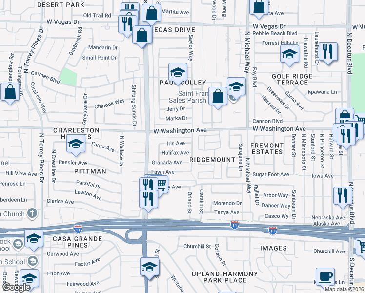 map of restaurants, bars, coffee shops, grocery stores, and more near 5816 Iris Avenue in Las Vegas