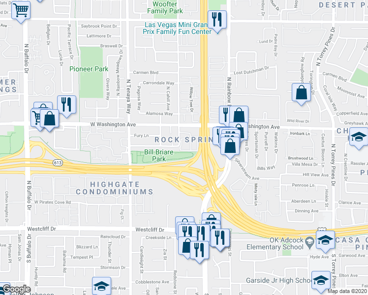 map of restaurants, bars, coffee shops, grocery stores, and more near 701 Rock Springs Drive in Las Vegas