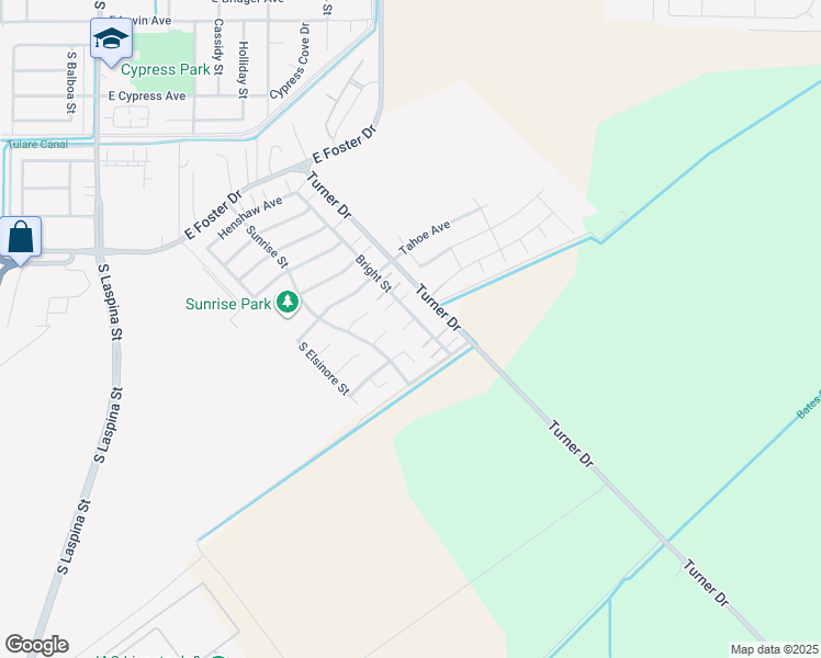 map of restaurants, bars, coffee shops, grocery stores, and more near 3074 Bright Street in Tulare