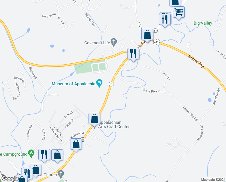 map of restaurants, bars, coffee shops, grocery stores, and more near 2862 Andersonville Highway in Clinton