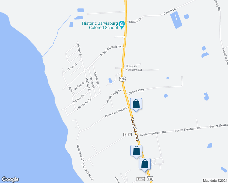 map of restaurants, bars, coffee shops, grocery stores, and more near 7400 Caratoke Highway in Jarvisburg