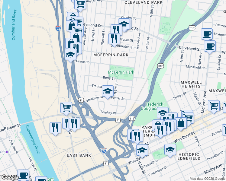 map of restaurants, bars, coffee shops, grocery stores, and more near 1659 Treutlan Place in Nashville