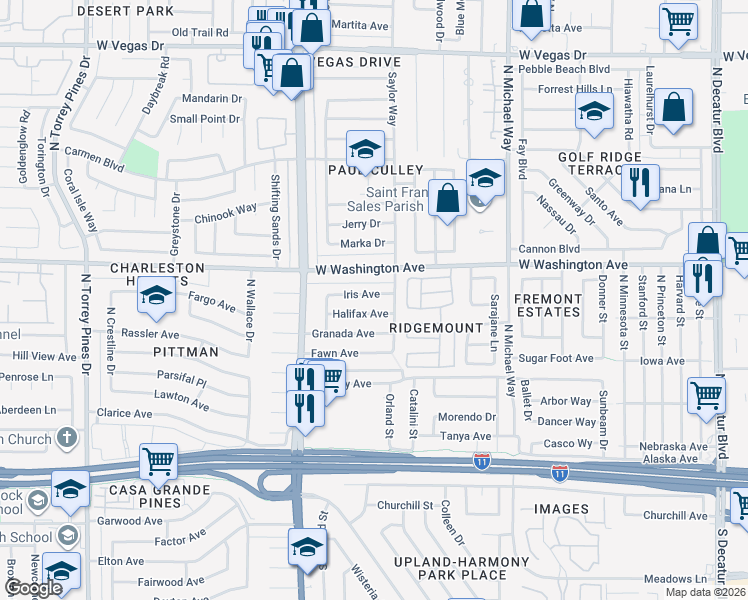 map of restaurants, bars, coffee shops, grocery stores, and more near 5816 Iris Avenue in Las Vegas