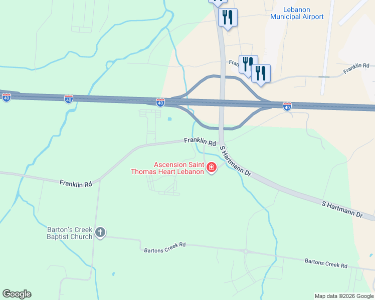 map of restaurants, bars, coffee shops, grocery stores, and more near 1659 Franklin Road in Lebanon